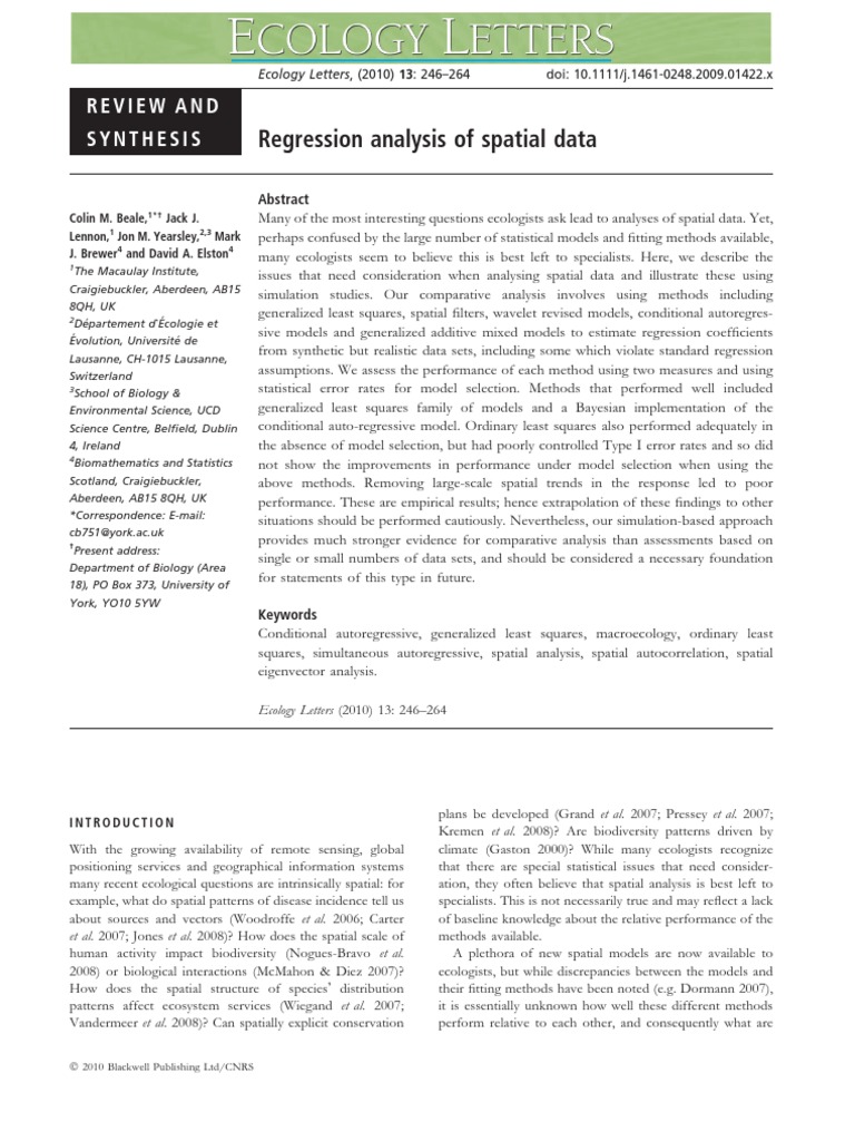 Beale Et Al 2010 Regression Analysis of Spatial Data | PDF | Spatial ...