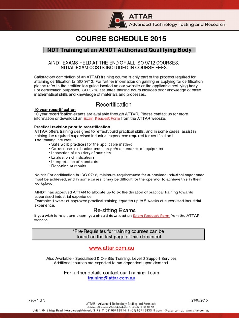 ATTAR NDT Course Schedule 2015 | PDF | Nondestructive Testing | Test ...