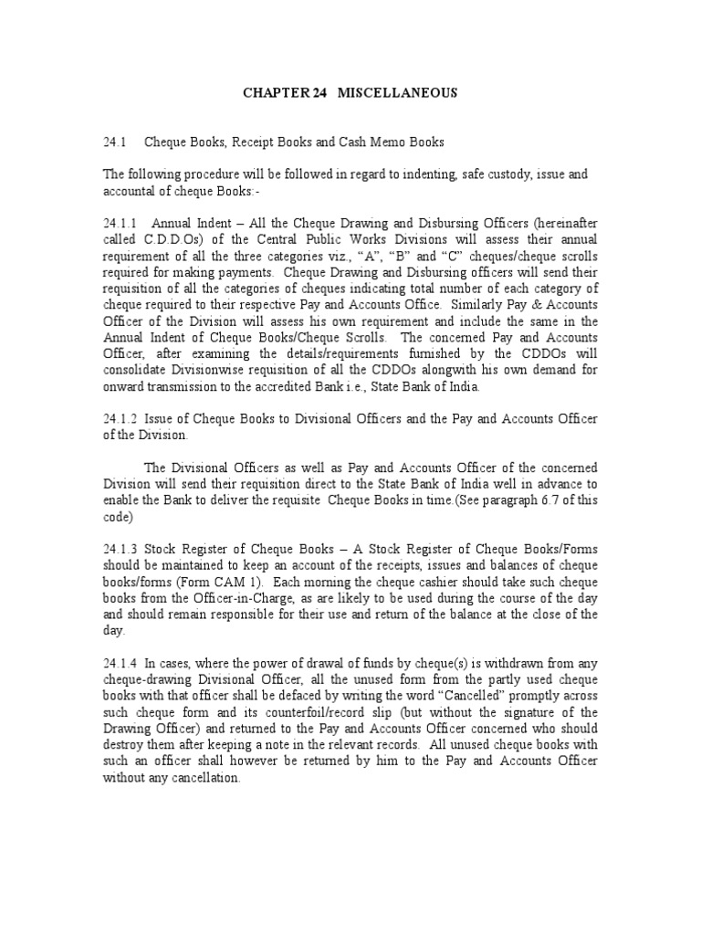 CPWD Accounts Code: Cheque Management | PDF | Cheque | Government