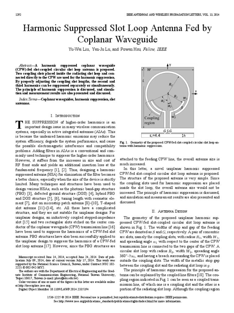 Harmonic Suppressed Slot Loop Antenna Fed by Coplanar Waveguide | PDF ...
