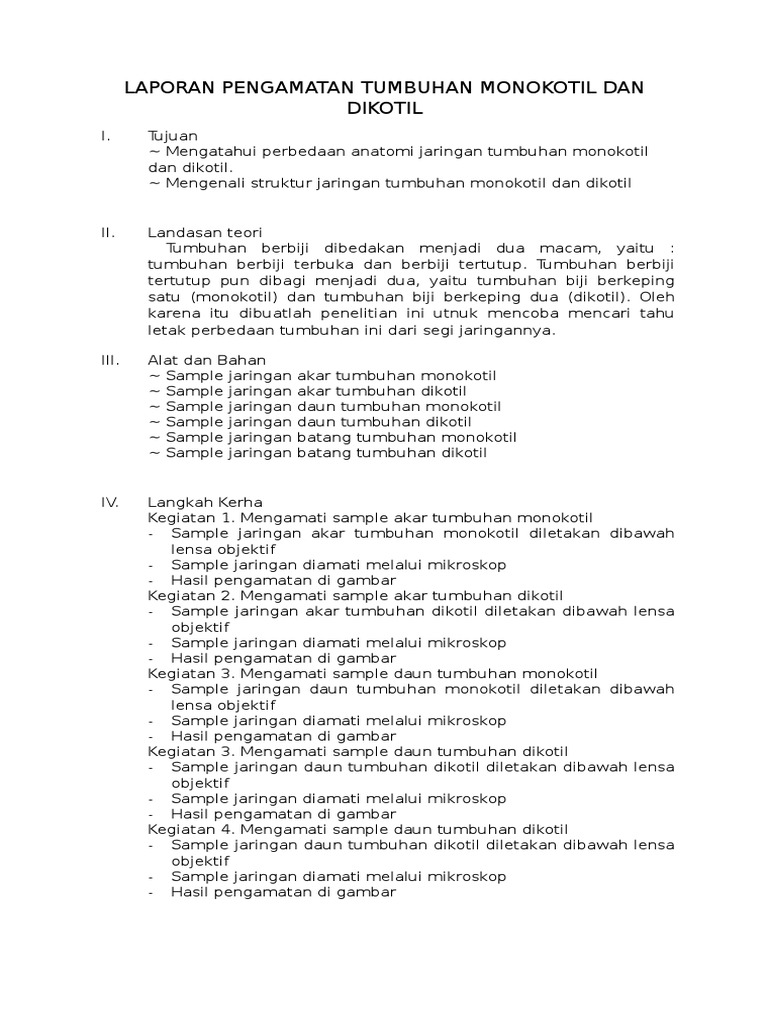 Laporan Pengamatan Tumbuhan Monokotil Dan Dikotil