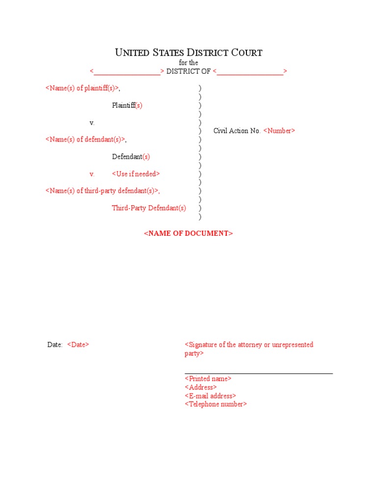 US District Court Civil Action Template | PDF | United States Federal ...