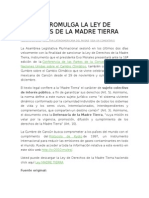 Bolivia Promulga La Ley de Derechos de La Madre Tierra