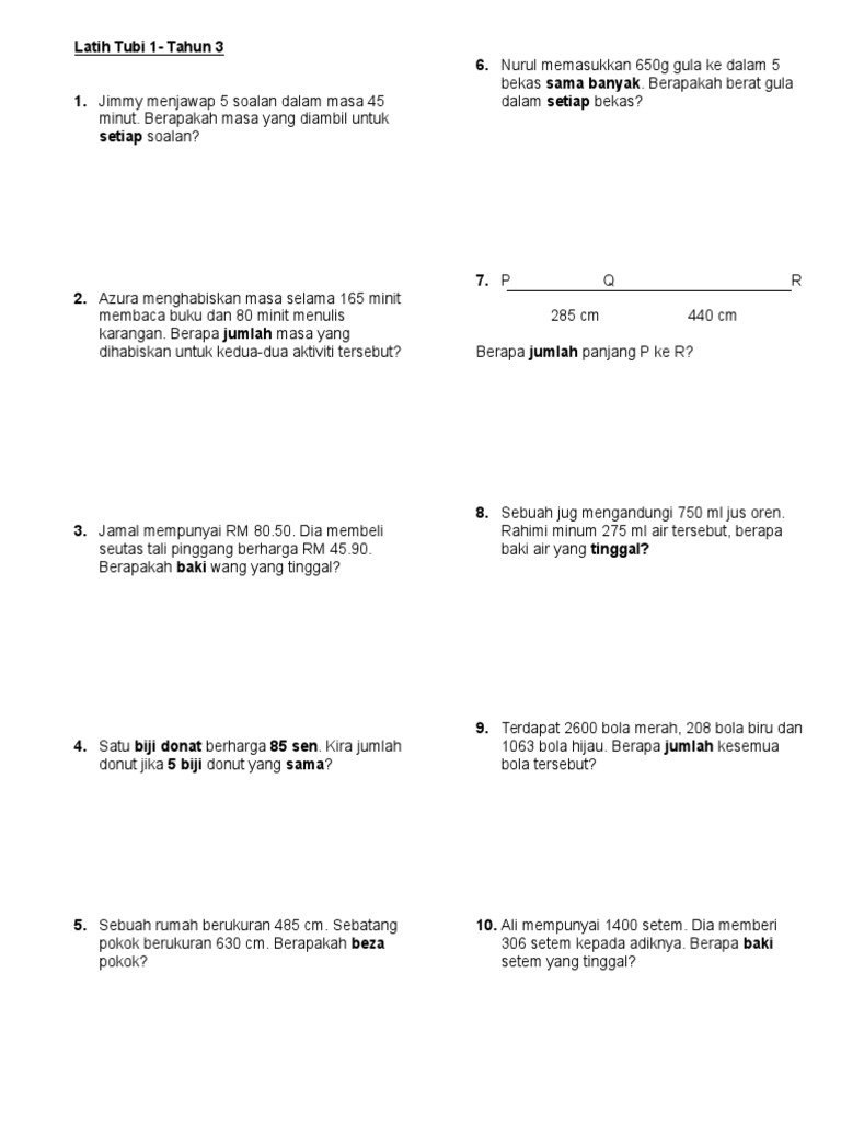 Soalan Penyelesaian Masalah Matematik Tahun 3