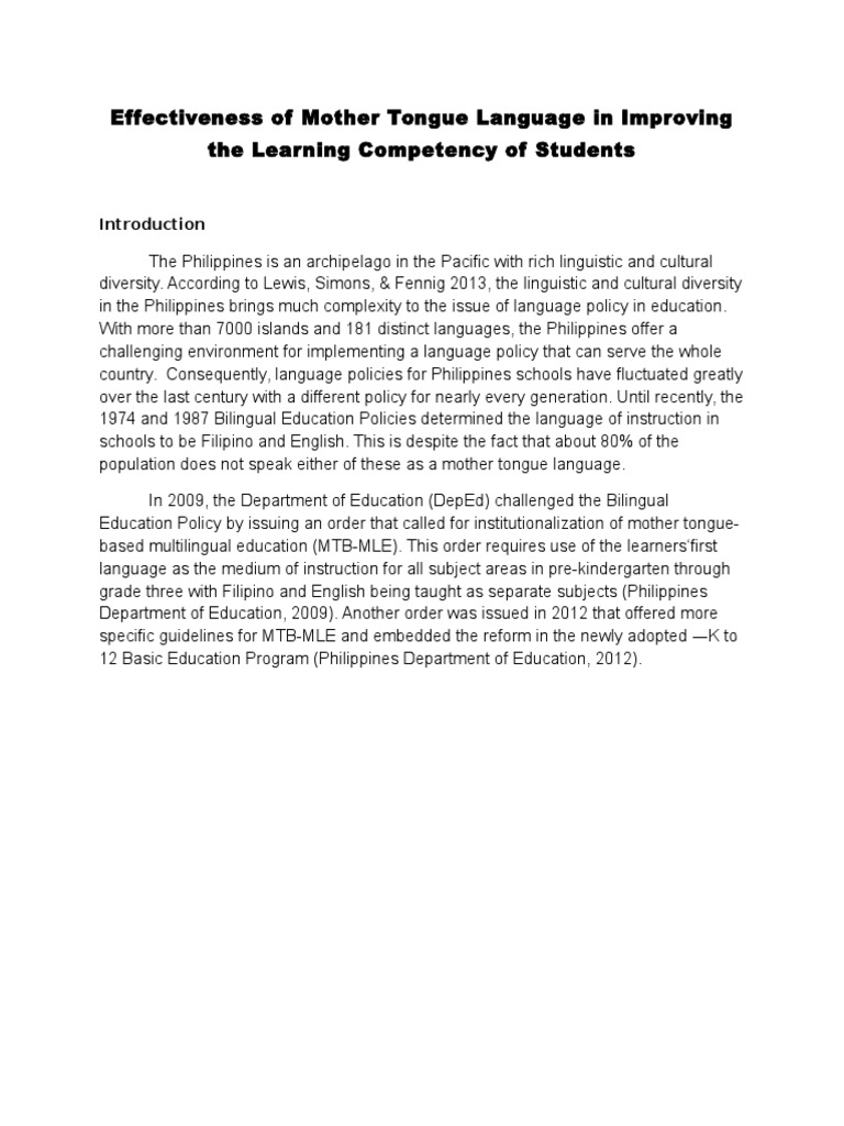 Effectiveness of Mother Tongue Language in Improving The Learning ...