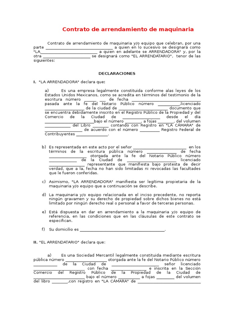 Contrato de Arrendamiento de Maquinaria Pagos Gobierno