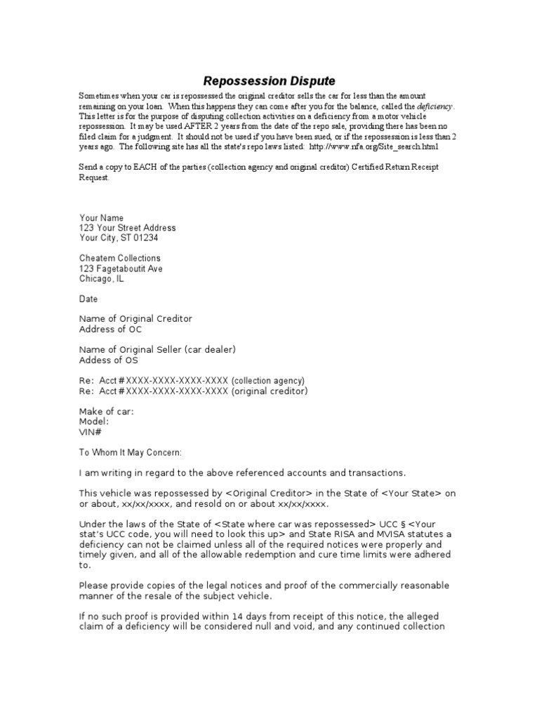 Repossession Dispute Letter Template | PDF | Finance & Money Management ...