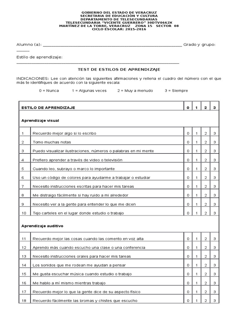 Test de Estilos de Aprendizaje 2015-2016 | PDF | Aprendizaje | Ocio