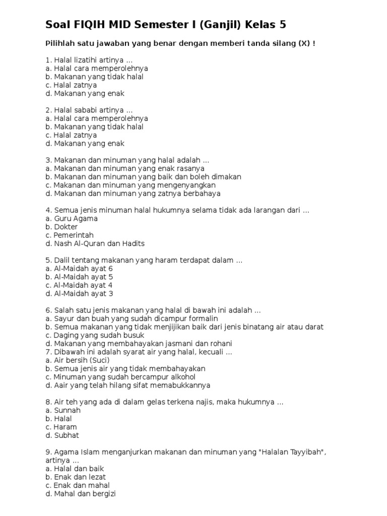 Soal Fiqih Mid Semester I Ganjil Kelas 5