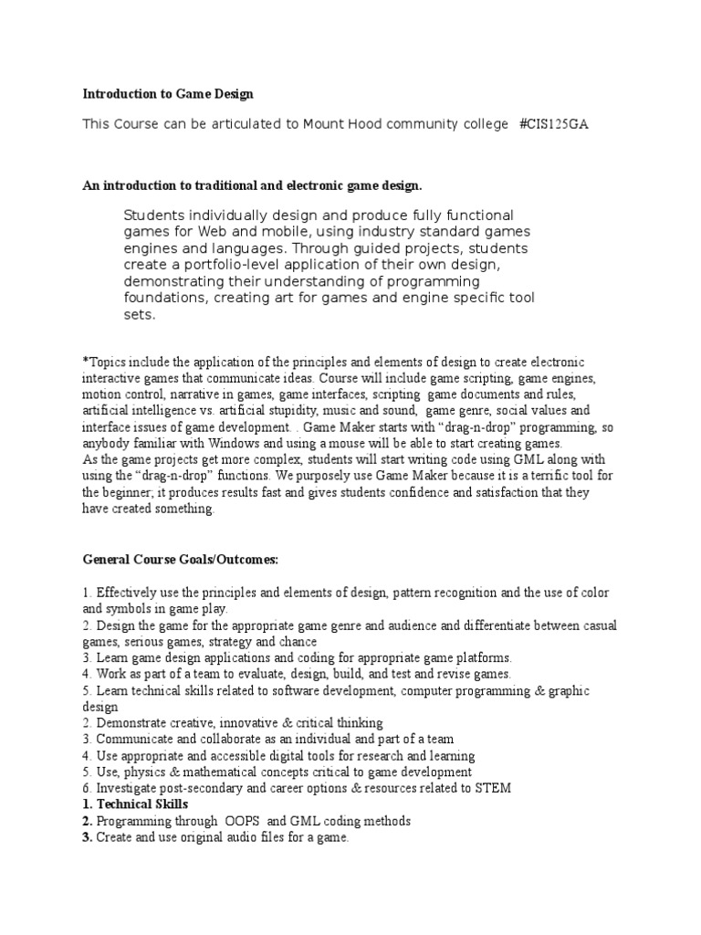 Game Design Syllabus 1 Work PDF Game Design Video Game Development
