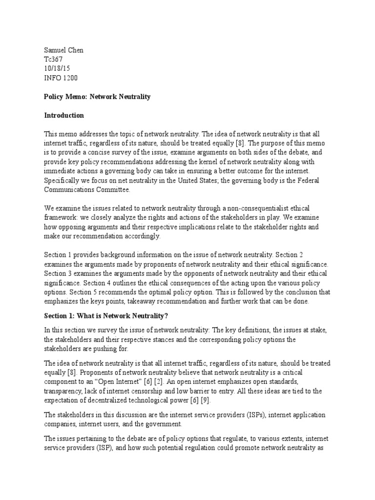 Network Neutrality Policy Memo Overview | PDF | Net Neutrality ...