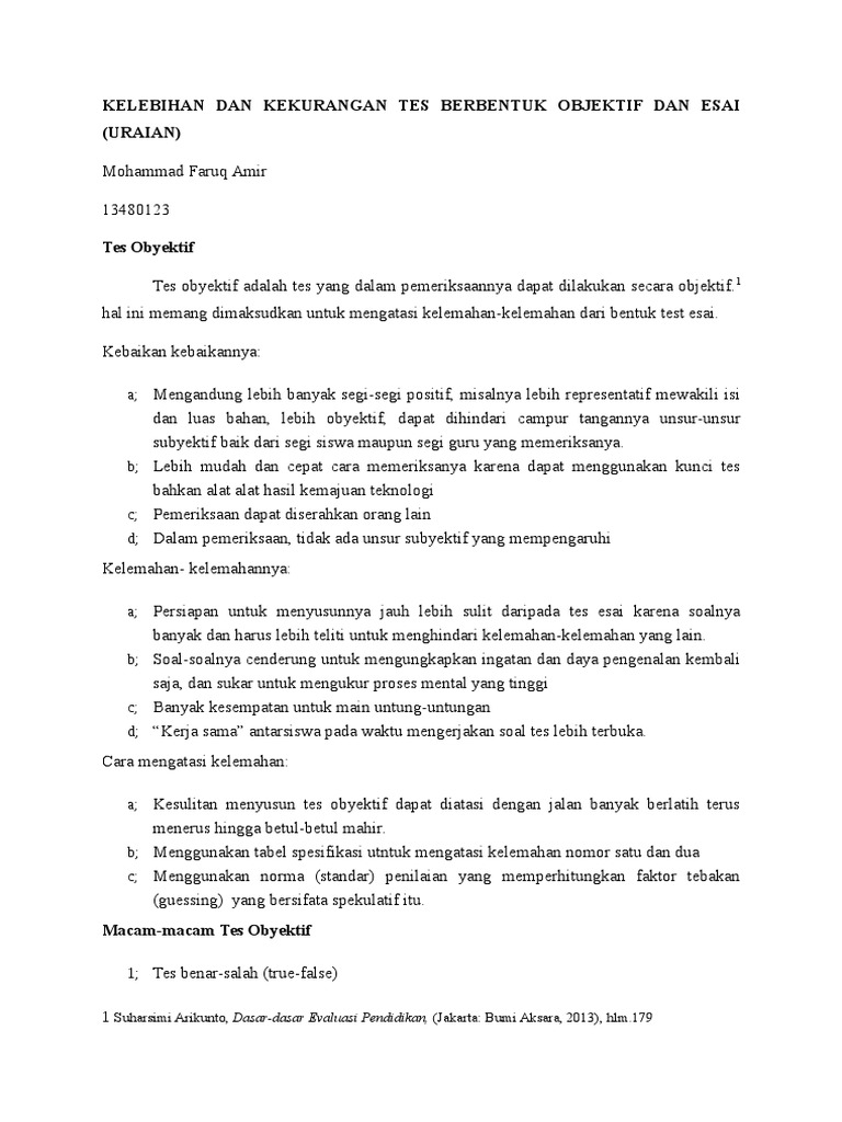 Kelebihan Dan Kekurangan Tes Berbentuk Objektif Dan Esai Type 1