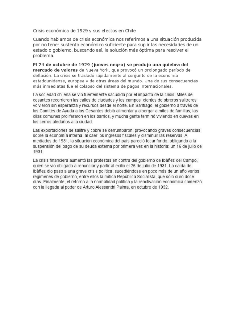 Efectos de la crisis de 1929 en Chile | PDF | Gran depresion | Nuevo ...