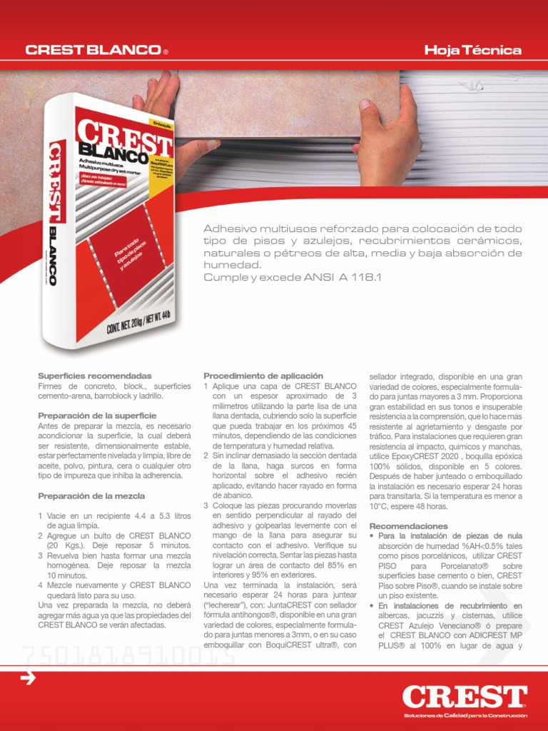 Adhesivo Crest Blanco: Hoja Técnica | PDF | Revestimiento | Absorción ...