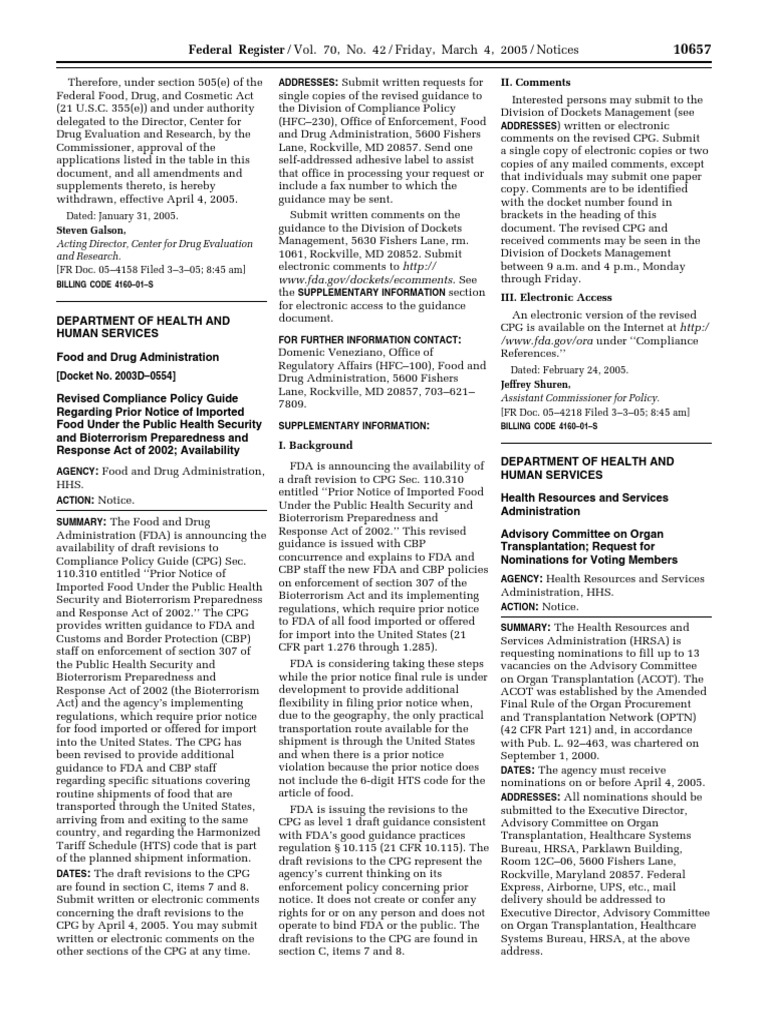 Notice Food For Human Consumption Prior Notification of Imported Food