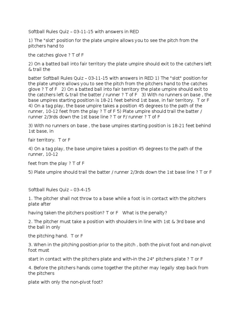 Softball Rules Quiz PDF Baseball Field Softball