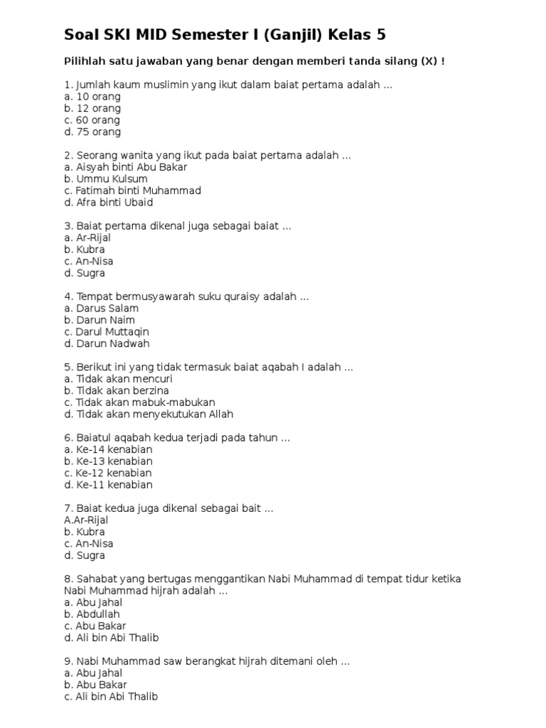 Soal Ski Mid Semester I Ganjil Kelas 5