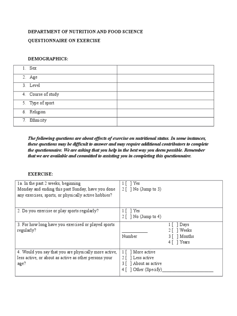 Department of Nutrition and Food Science Questionnaire On Exercise | PDF