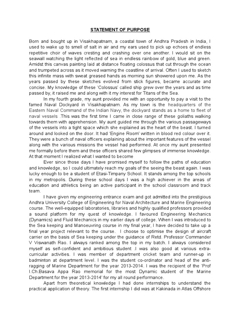Statement of Purpose For Masters in Naval Architecture Navies Fluid