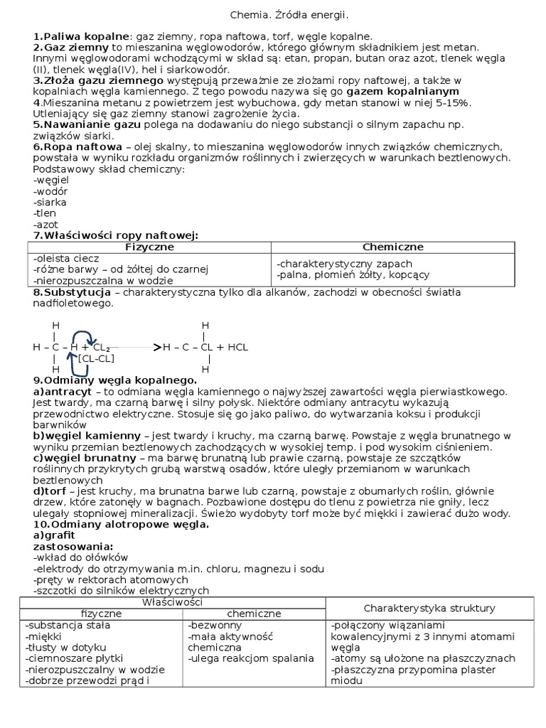 Sprawdzian Z Chemii źródła Energii Odpowiedzi