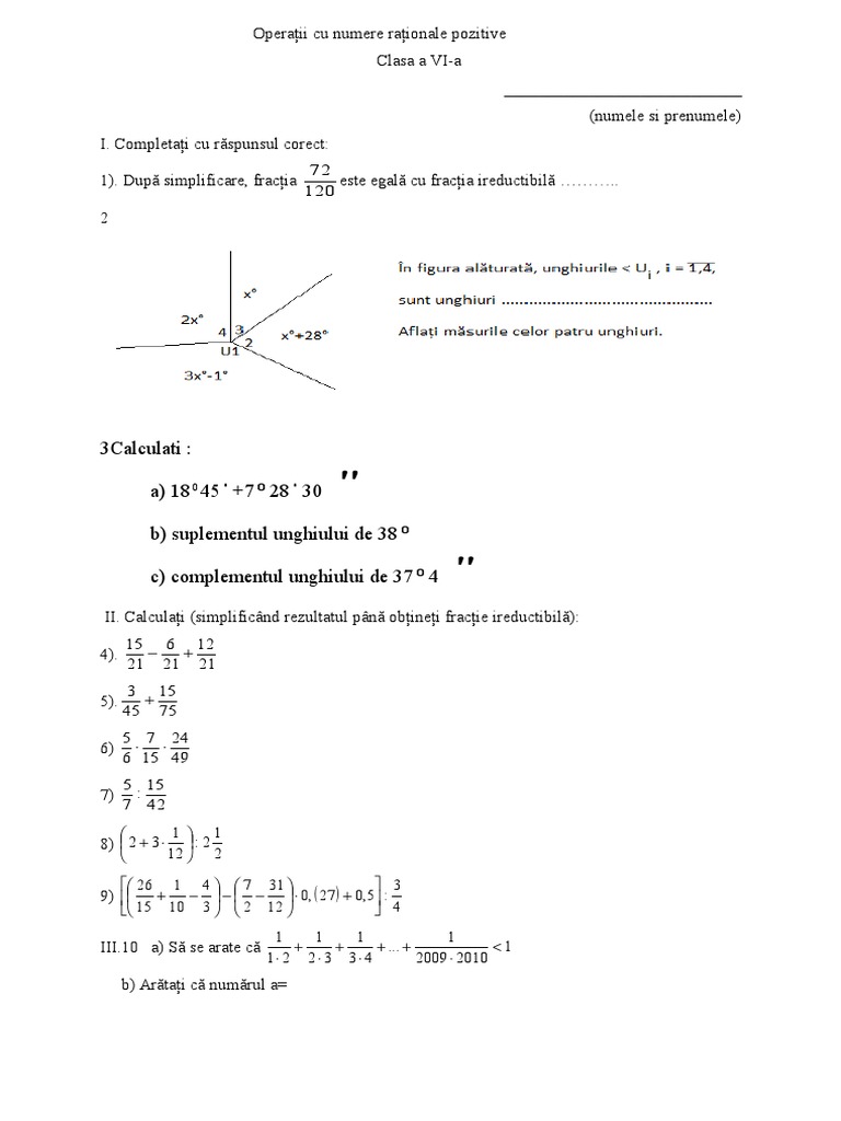 Exercitii Cu Fractii Clasa 5 Pdf Test Clasa 6 Fractii Ordinare | PDF