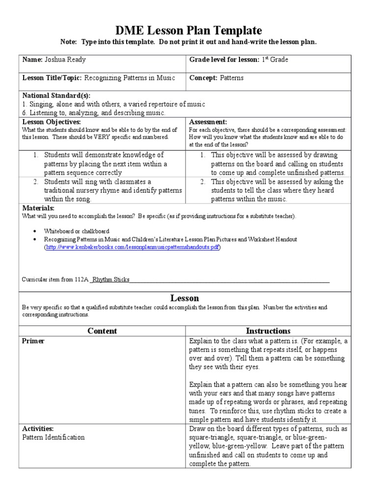 1st Grade Music Patterns Lesson Plan | PDF | Lesson Plan | Educational ...