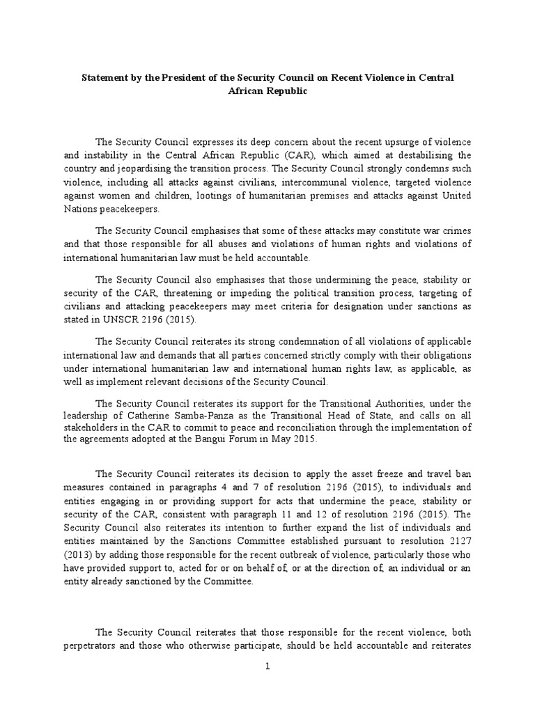 UNSC Presidential Statement On CAR | PDF | United Nations Security ...