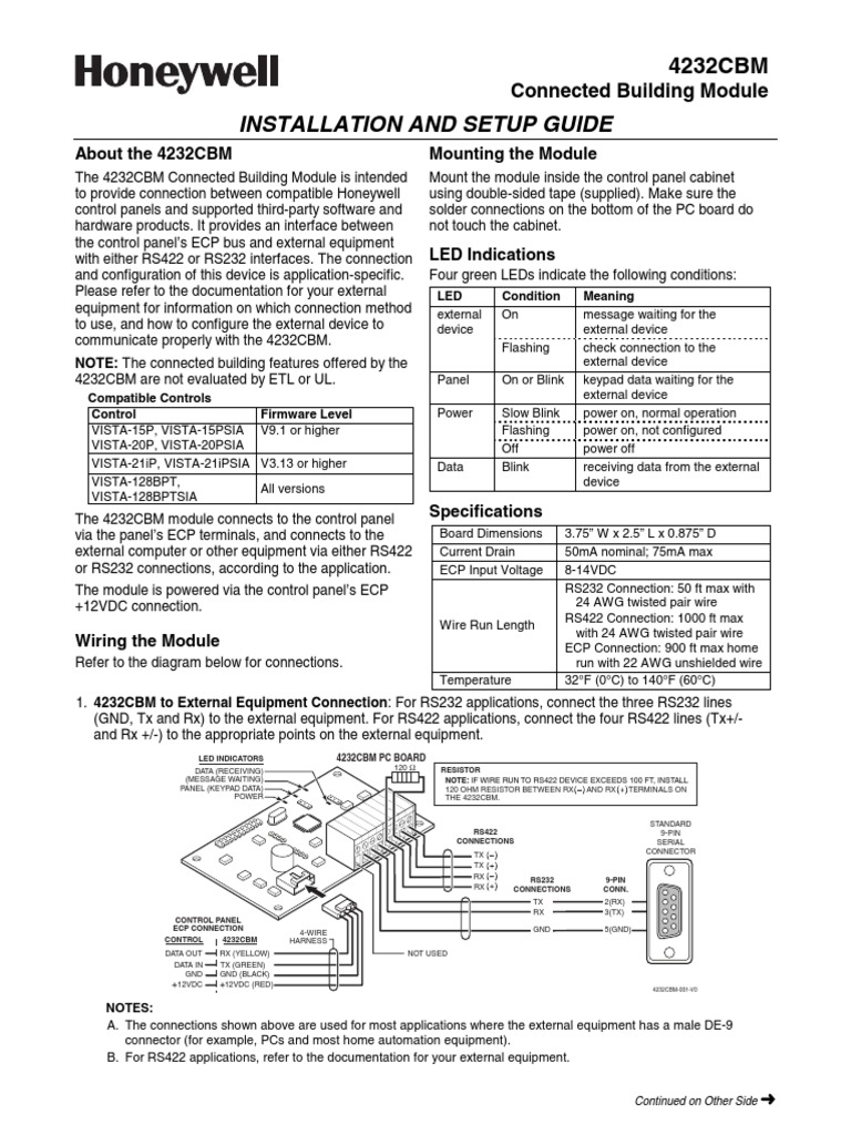 Honeywell 4232CBM Installation and Setup Guide PDF Touchscreen