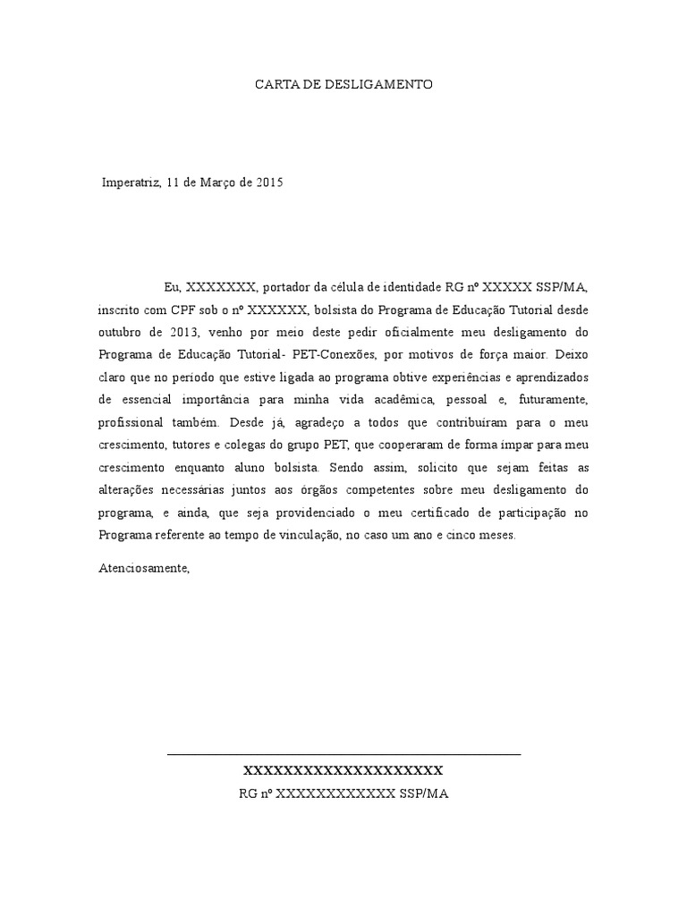 Carta de Desligamento Do Pet