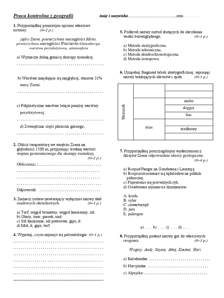 Sprawdzian Z Dzialu Wnetrze Ziemi