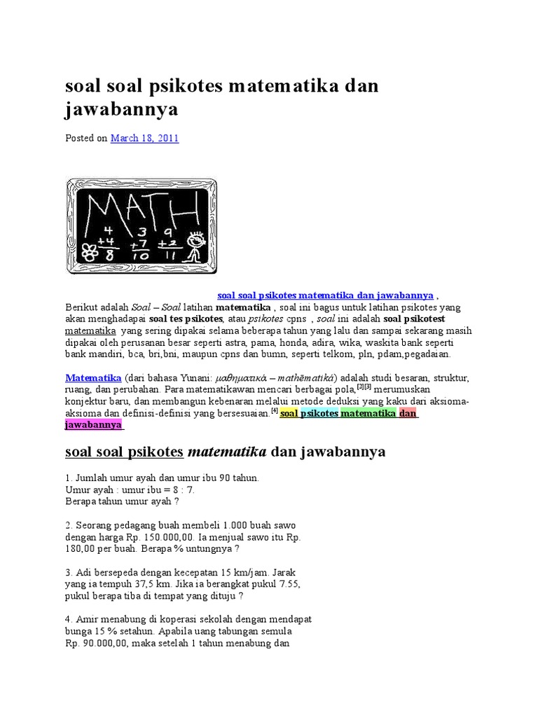Soal Soal Psikotes Matematika Dan Jawabannya