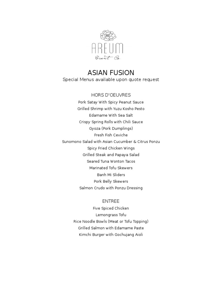 Asian Fusion Catering Menu Options | PDF | Cooking, Food & Wine