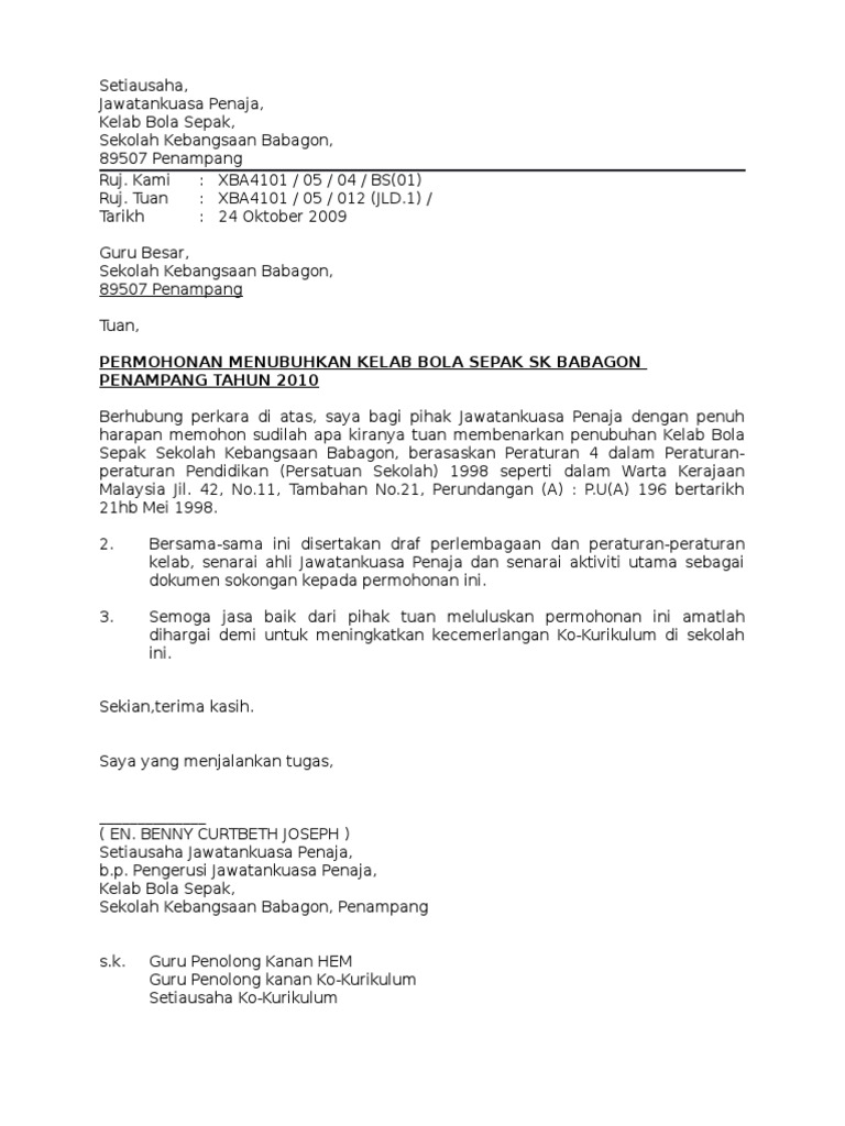 Contoh Surat Permohonan Penubuhan Kelab Doktor Muda