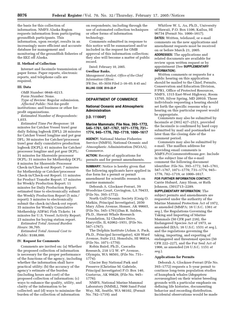 NMFS Permit Applications for Marine Mammals | PDF | Cetacea | Whales