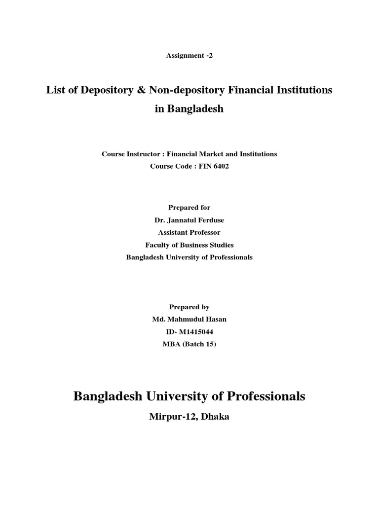 Depository & NonDepository Institutions of BD Investment Fund