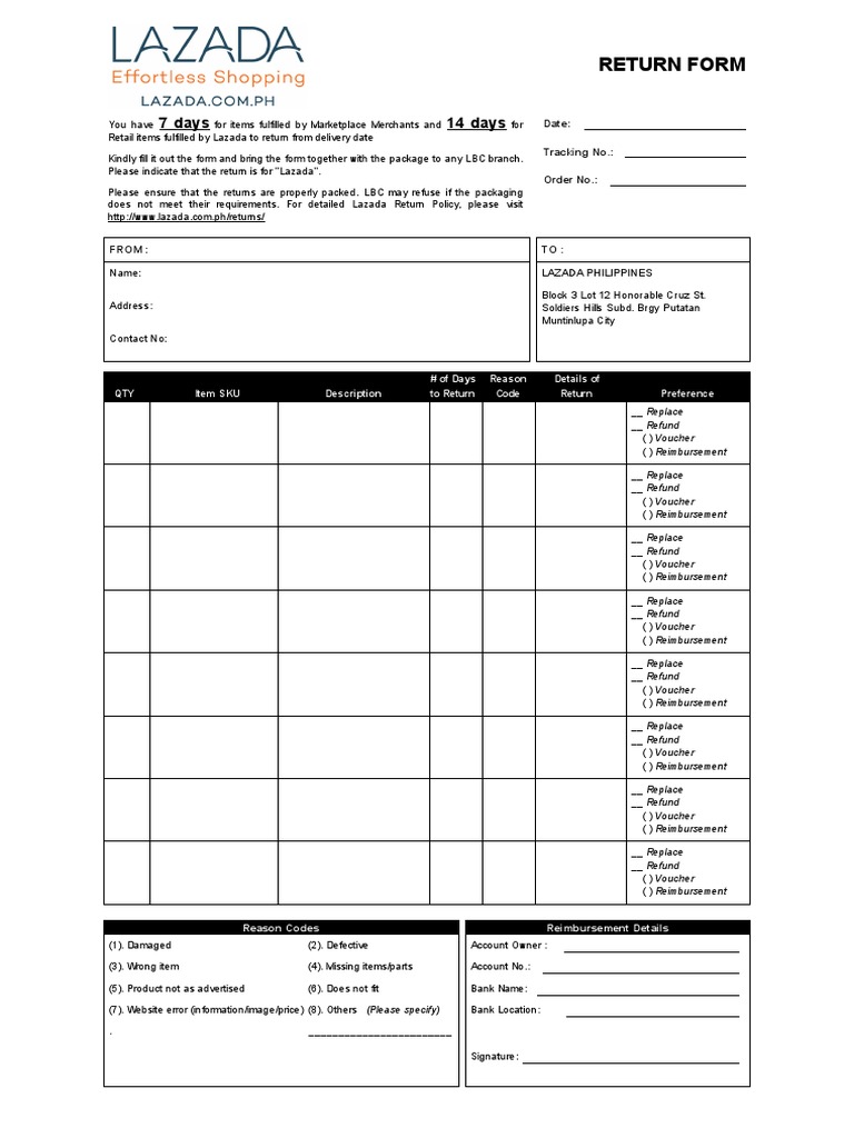 Lazada Return Form and Policy Guide | PDF