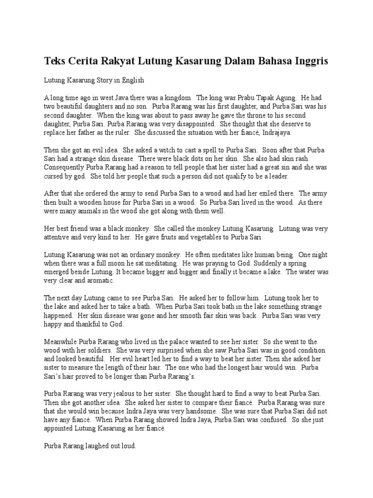 Teks Cerita Rakyat Lutung Kasarung Dalam Bahasa Inggris