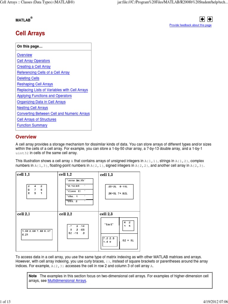 MATLAB cell arrays intro.pdf | Matrix (Mathematics) | C (Programming ...