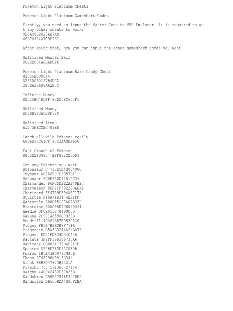 Gameshark codes for pokemon platinum