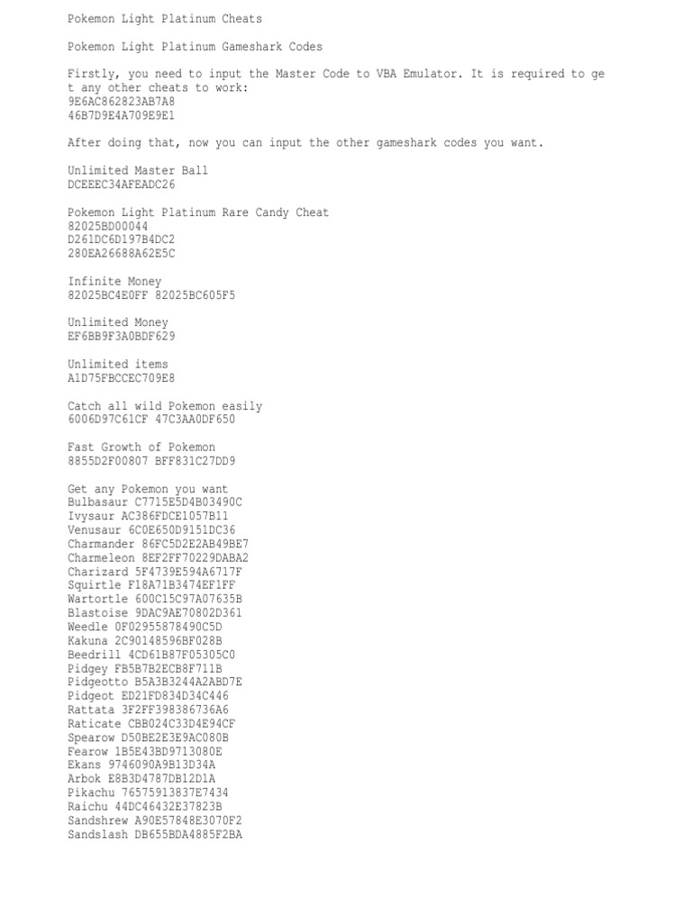 Pokémon Light Platinum Cheats & Cheat Codes for ROM - Cheat Code Central