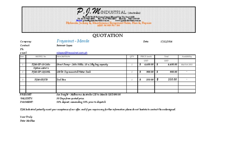 Freyssinet Grout Pump Quotation 2014 | PDF