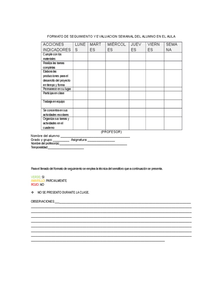 Formato de Seguimiento y Evaluacion Semanal Del Alumno en El Aula | PDF