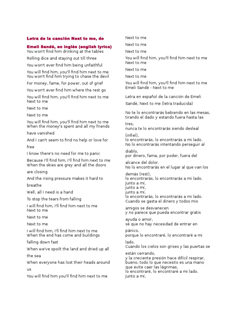 Emeli Sandé - Next to Me Lyrics | PDF | Leisure