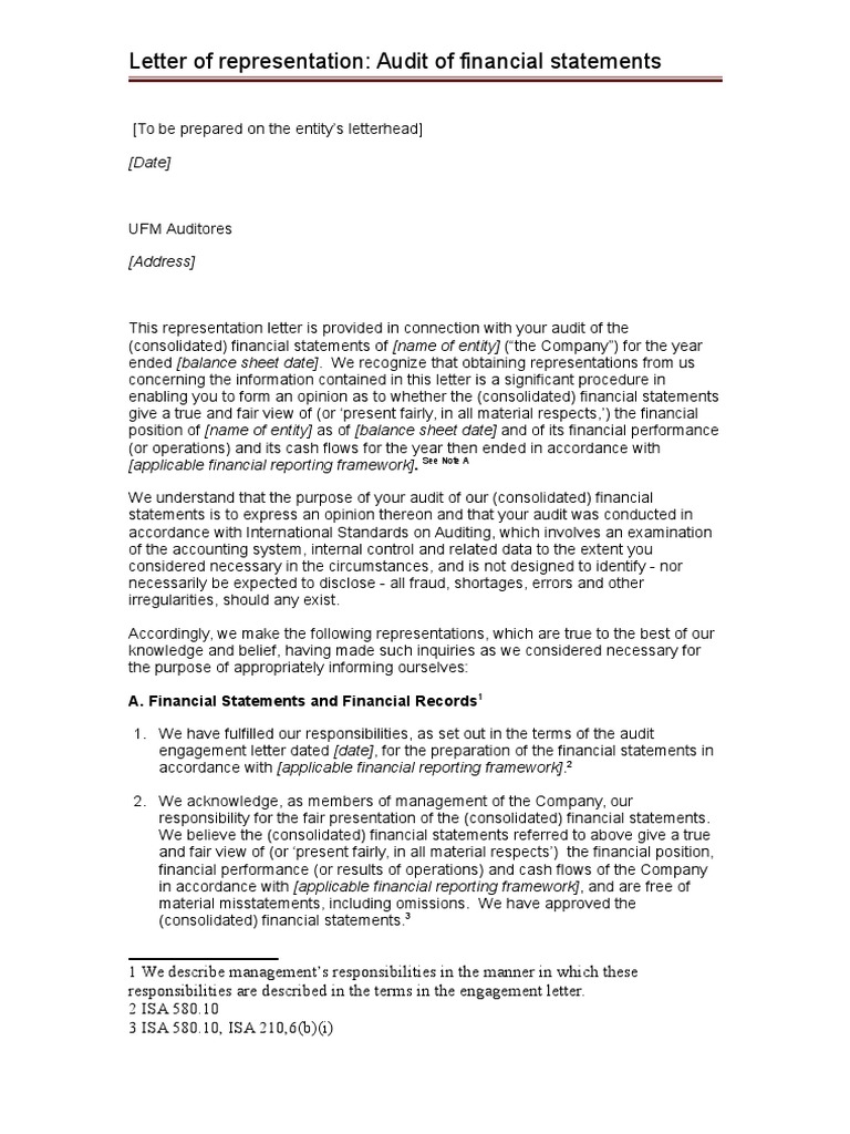 Letter of Representation Audit of Financial Statements PDF