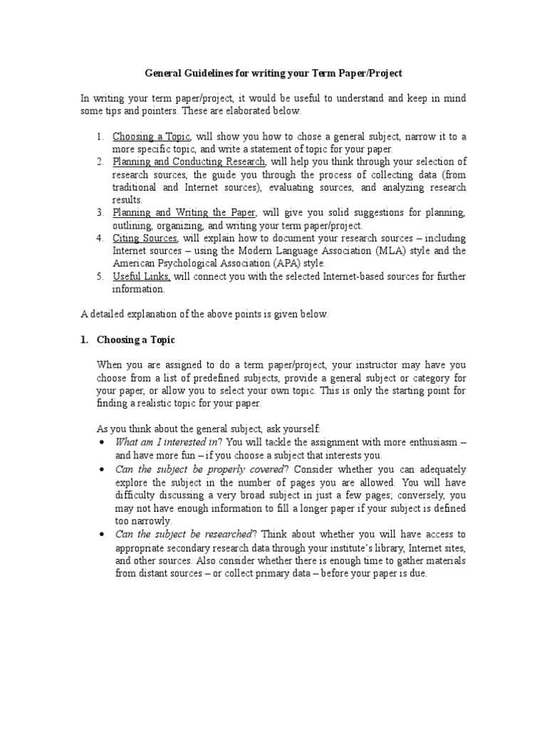 General Guidelines For Writing Your Term Paper/Project | PDF | Apa ...