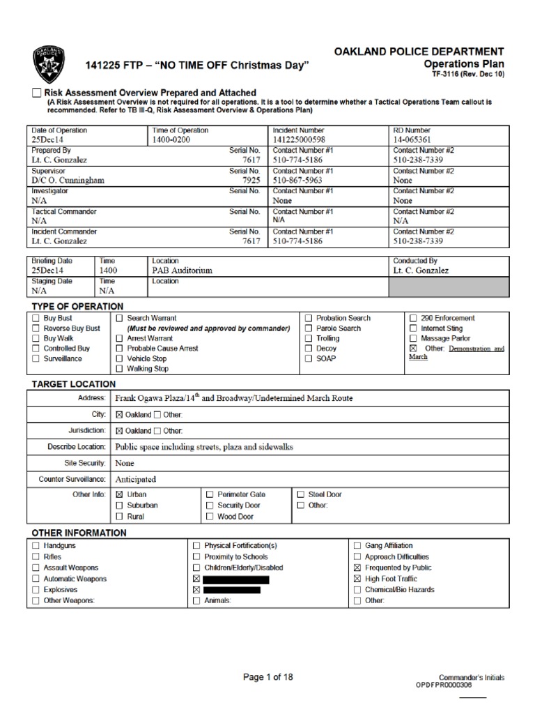 Oakland Police FTP March Operation Plan | PDF | Use Of Force | Arrest