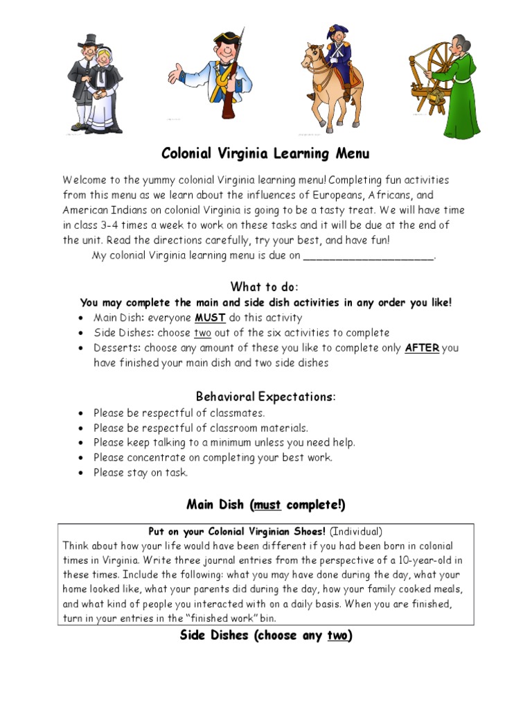 Colonial Virginia Learning Menu Guide | PDF | Virginia | Learning