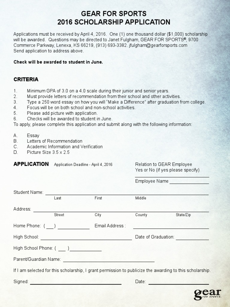 2016 Gear For Sports Scholarship Application | PDF | Learning | Schools