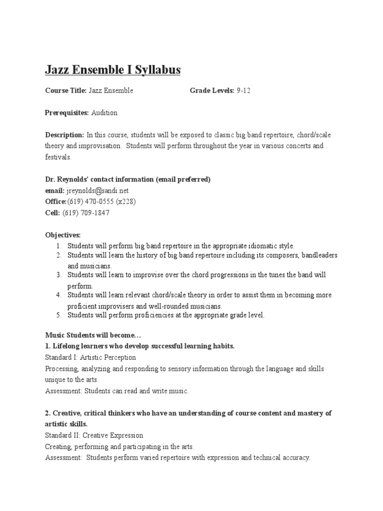 Jazz Ensemble Syllabus Educational Assessment Minor Scale Free 30day Trial Scribd