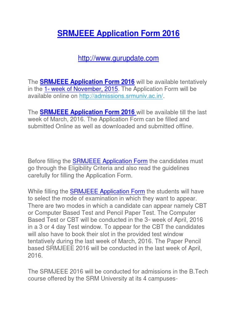 SRMJEEE Application Form 2016 | PDF | Career & Growth
